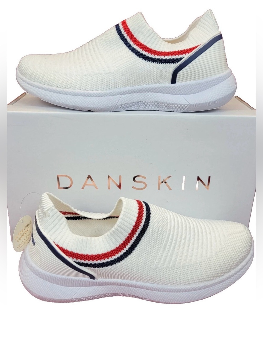 NWT Danskin Knit Flex White Slip-On Charming Sneakers Red & Navy Stripe Sz 10